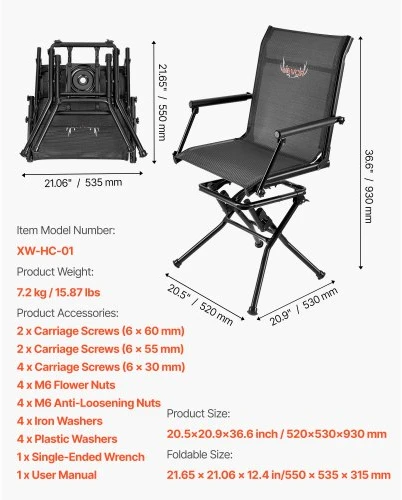 VEVOR Medžioklinė kėdė XW-HC-01, sulankstoma, su porankiais, plieno rėmas, 52 x 53 x 93 cm, iki 136 kg
