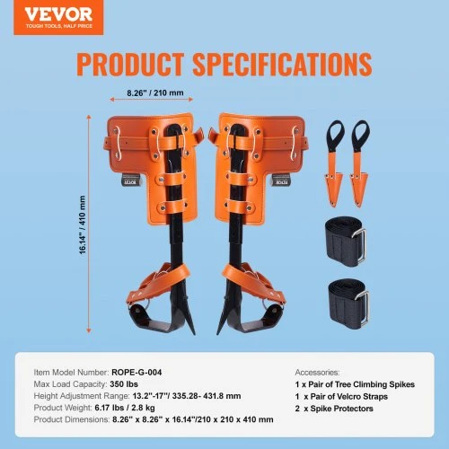 VEVOR Medžių laipiojimo smaigai, 1 pora, legiruotas plienas, oranžiniai, iki 159 kg