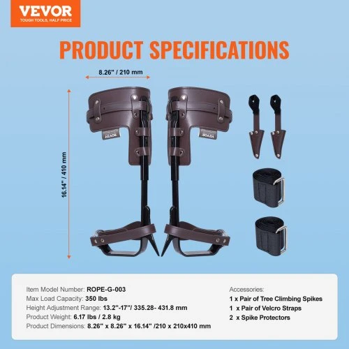 VEVOR Medžių laipiojimo smaigai, 1 pora, legiruotas plienas, rudi, 34-43 cm
