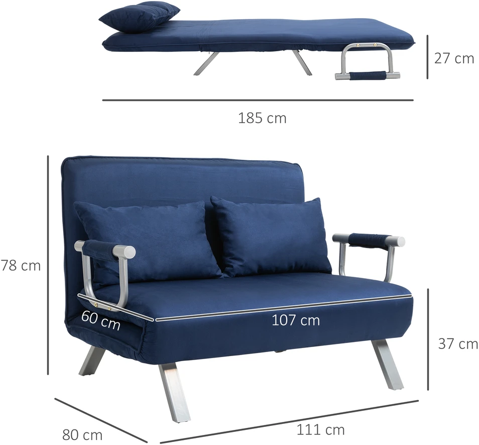 Aosom Mėlyna sofa-lova, 5 padėčių, zomšos imitacija, metalinis rėmas, su pagalvėle