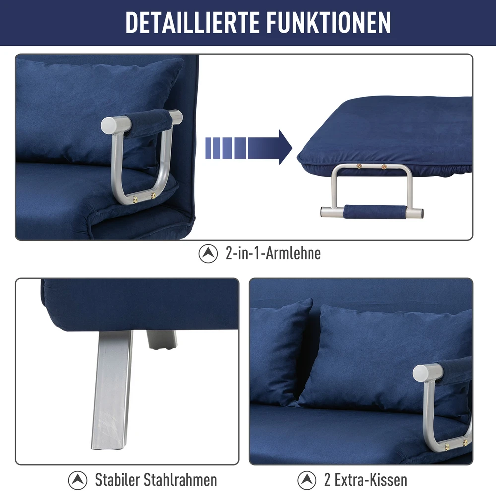 Aosom Mėlyna sofa-lova, 5 padėčių, zomšos imitacija, metalinis rėmas, su pagalvėle