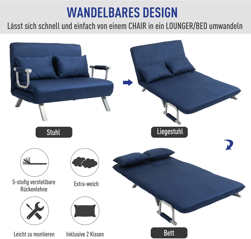 Aosom Mėlyna sofa-lova, 5 padėčių, zomšos imitacija, metalinis rėmas, su pagalvėle
