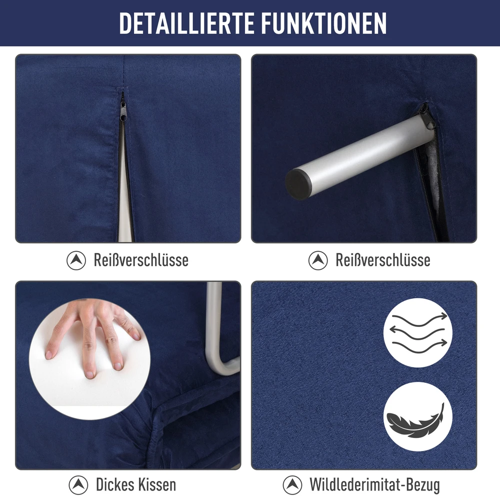 Aosom Mėlyna sofa-lova, 5 padėčių, zomšos imitacija, metalinis rėmas, su pagalvėle