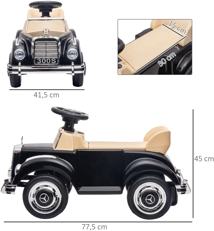 Aosom Mercedes-Benz 300S stumiamas vaikiškas automobilis, juodas, 77,5 x 41,5 x 45 cm