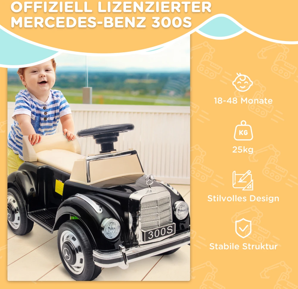 Aosom Mercedes-Benz 300S stumiamas vaikiškas automobilis, juodas, 77,5 x 41,5 x 45 cm