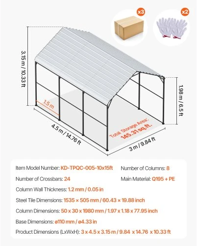 VEVOR Metalinė automobilių stoginė, 3 x 4,5 x 3,15 m
