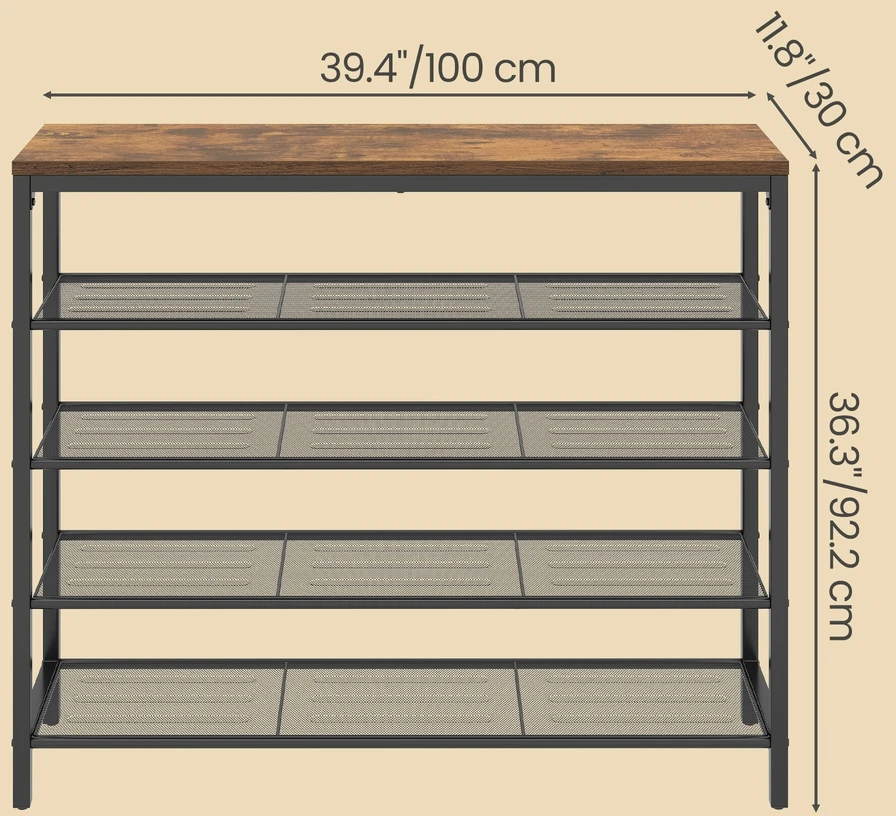 Koduva Metalinė batų lentyna su 4 tinklelio lentynomis ir viršutine lentyna, 100 x 30 x 92,5 cm