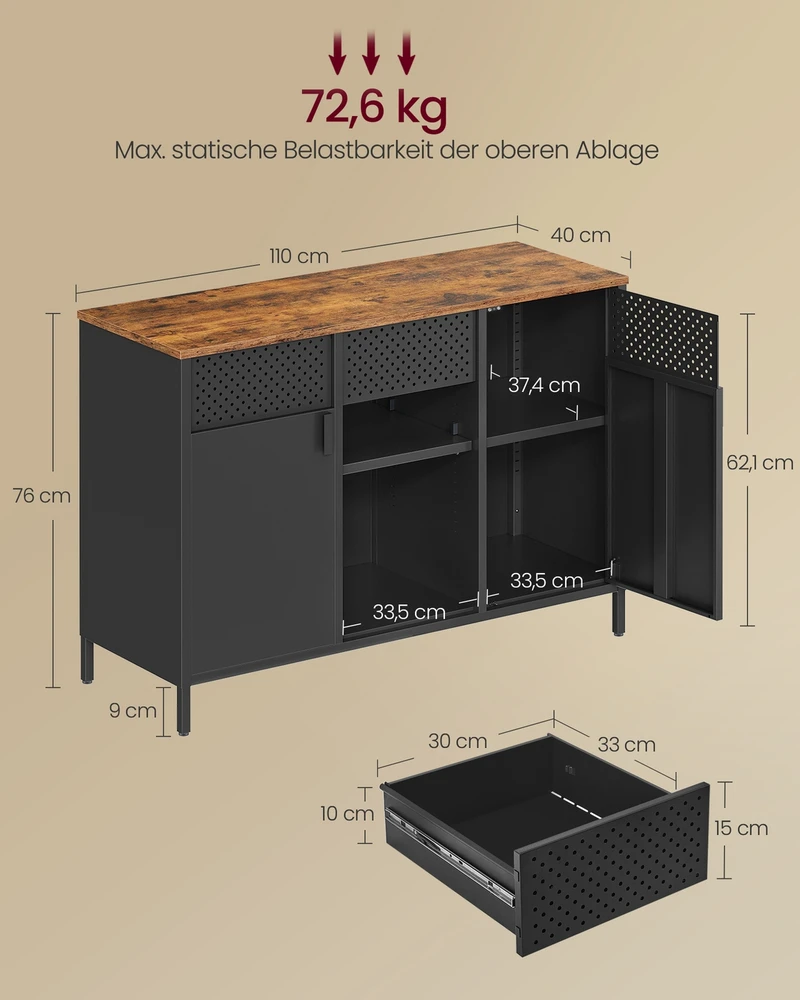Koduva Metalinė daiktų spintelė su reguliuojamomis lentynomis, 40 x 110 x 76 cm, ruda, juoda