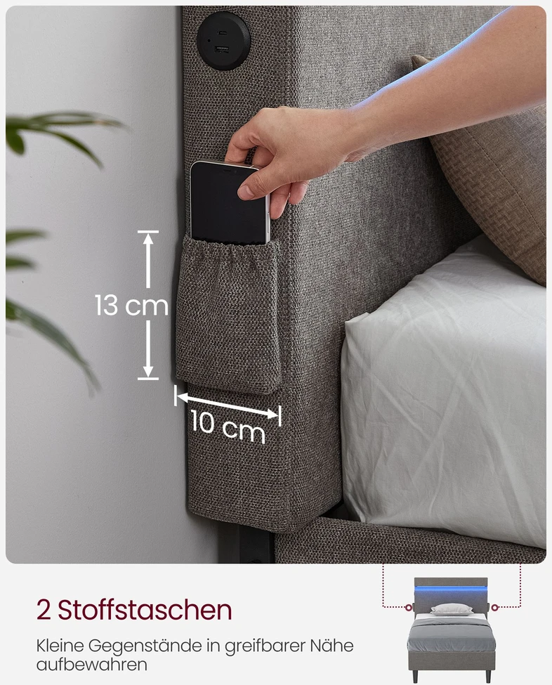 Koduva Metalinė dvigulė lova 140 x 190 cm, tamsiai pilka, su galvūgaliu ir LED apšvietimu