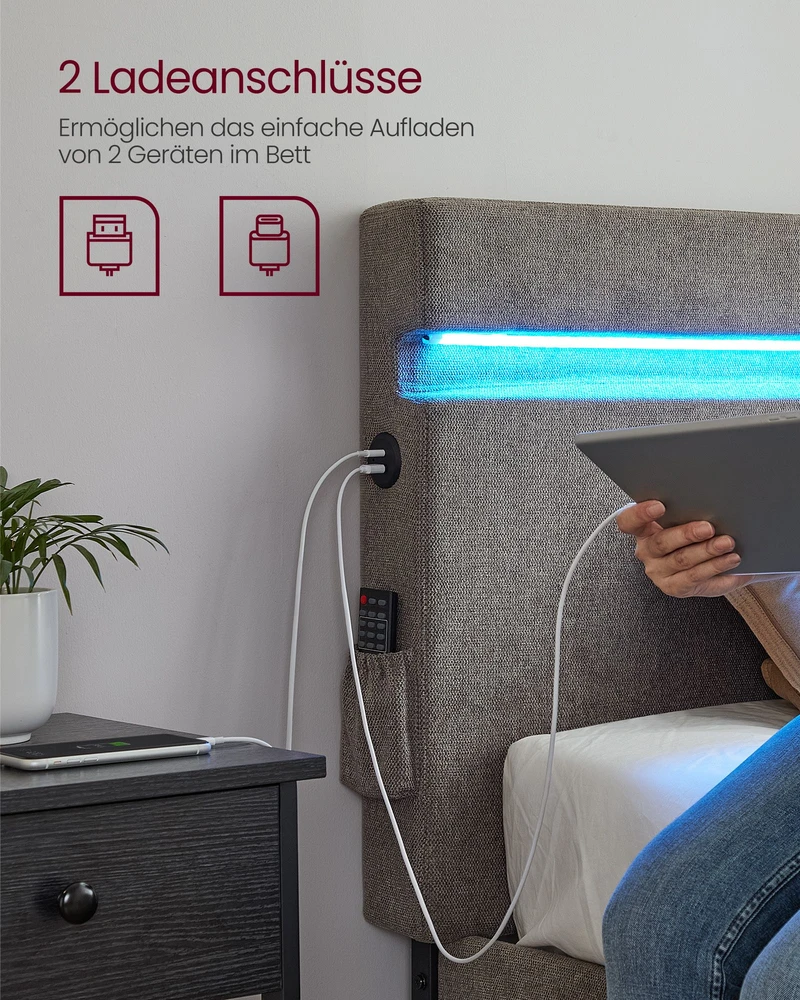 Koduva Metalinė dvigulė lova 140 x 190 cm, tamsiai pilka, su galvūgaliu ir LED apšvietimu