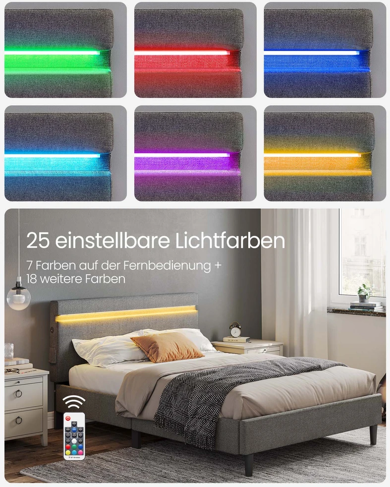 Koduva Metalinė dvigulė lova 140 x 190 cm, tamsiai pilka, su galvūgaliu ir LED apšvietimu