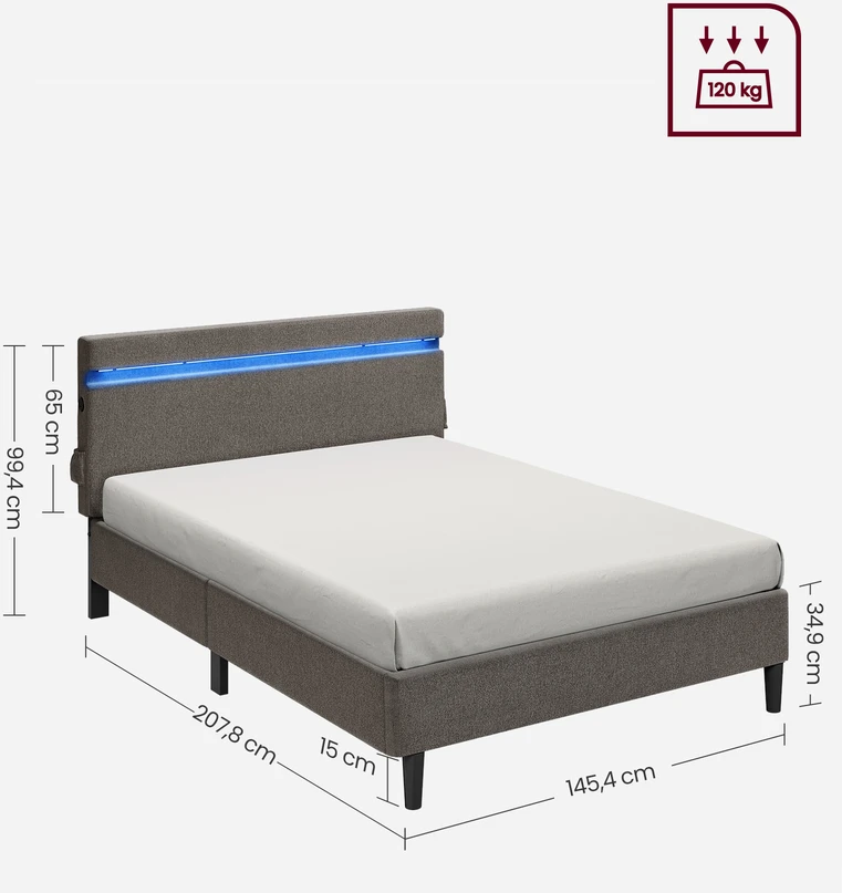 Koduva Metalinė dvigulė lova 140 x 190 cm, tamsiai pilka, su galvūgaliu ir LED apšvietimu