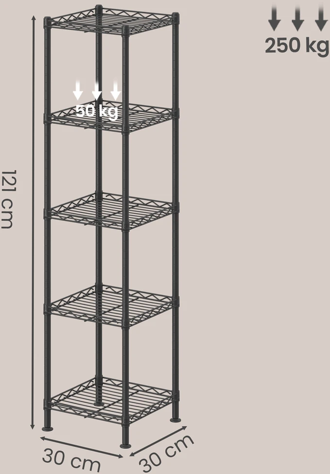 Songmics Metalinė lentyna, siaura, su reguliuojamomis lentynomis, 30 x 30 x 121 cm, juoda
