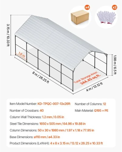 VEVOR Metalinė stoginė automobiliui, 4 x 8 x 3,15 m