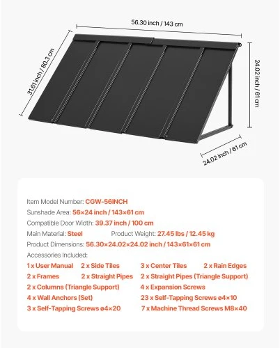 Koduva Metalinė stoginė durims VEVOR CGW-56INCH, 143 x 61 cm, plienas