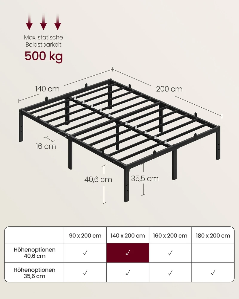 Koduva Metalinis lovos rėmas, 140 x 200 cm, su vieta daiktams po lova, juodas