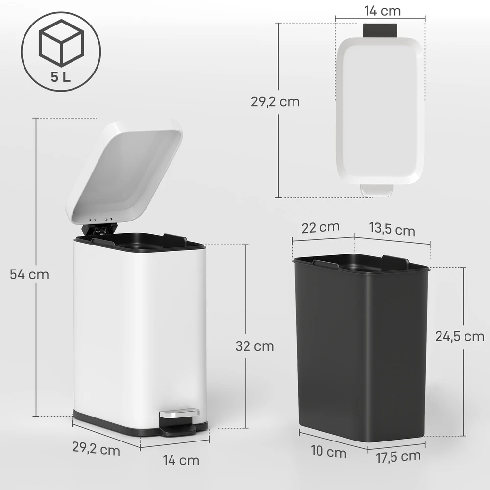 Aosom Metalinis šiukšliadėžė su pedalu ir vidiniu kibiru, balta, 5 l, 29,2 x 14 x 32 cm
