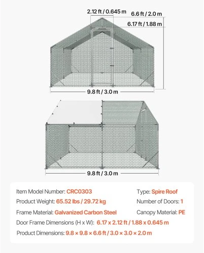VEVOR Metalinis vištidės aptvaras, 3 x 3 x 2 m, su PE danga
