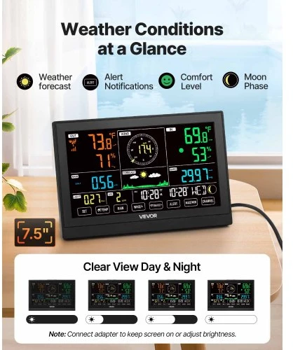 Koduva Meteorologinė stotelė VEVOR 7-in-1 Wi‑Fi su programėle, 190,5 mm ekranas, saulės energija maitinamas belaidis lauko jutiklis