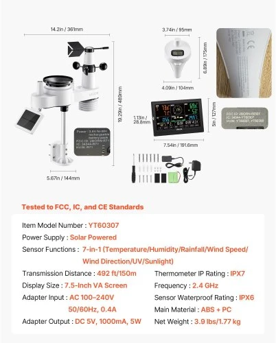 Koduva Meteorologinė stotelė VEVOR 7-in-1 Wi‑Fi su programėle, 190,5 mm ekranas, saulės energija maitinamas belaidis lauko jutiklis