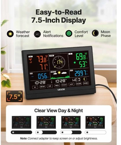 VEVOR Meteorologinė stotis 5-in-1 Wi‑Fi, 190,5 mm VA ekranas, su belaidžiu lauko jutikliu