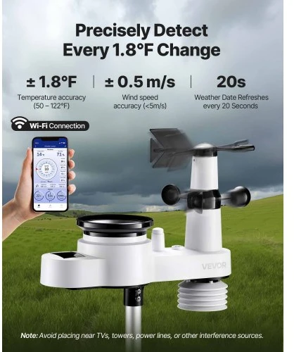 VEVOR Meteorologinė stotis 5-in-1 Wi‑Fi, 190,5 mm VA ekranas, su belaidžiu lauko jutikliu