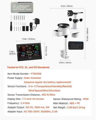 VEVOR Meteorologinė stotis 5-in-1 Wi‑Fi, 190,5 mm VA ekranas, su belaidžiu lauko jutikliu