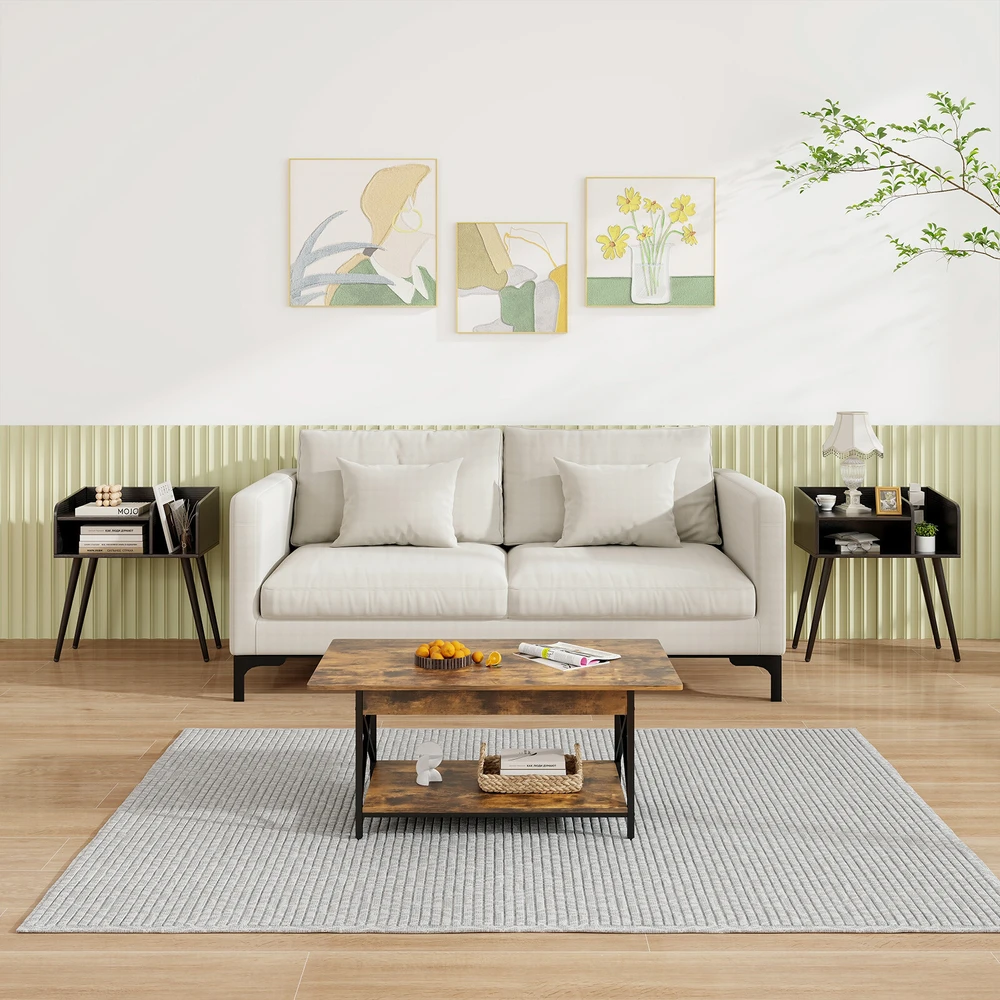 Koduva Mid-century modern naktinis staliukas su atviromis lentynomis, juodas, 50 x 32 x 58 cm