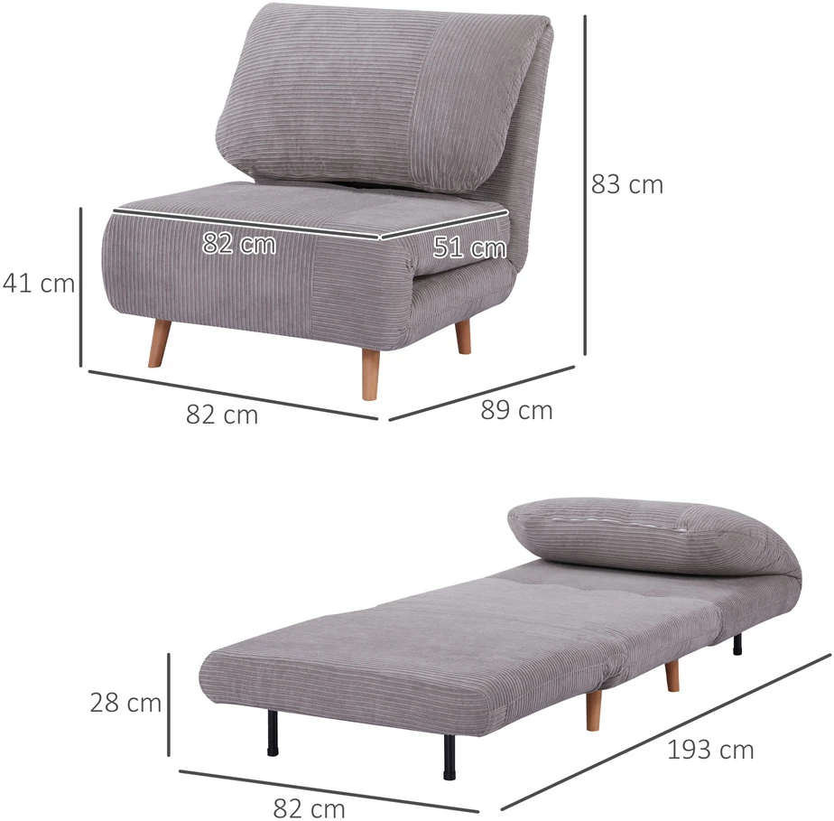 Aosom Miegamas krėslas 2-in-1, iki 200 kg, reguliuojamas atlošas, kordurovo išvaizda, šviesiai pilkas, 82 x 89 x 83 cm