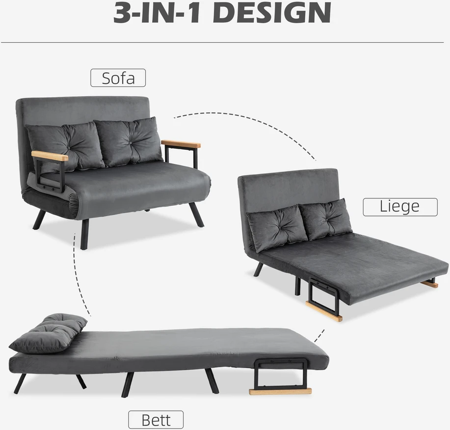 Fotelis Aosom Miegamasis 2 vietų sofa-lova, tamsiai pilka, aksomo išvaizdos audinys, 102 x 73 x 81 cm