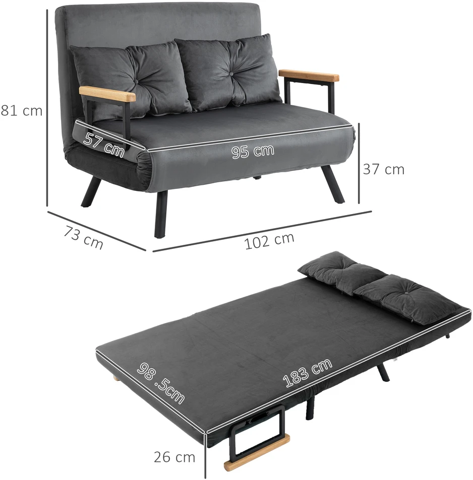 Fotelis Aosom Miegamasis 2 vietų sofa-lova, tamsiai pilka, aksomo išvaizdos audinys, 102 x 73 x 81 cm