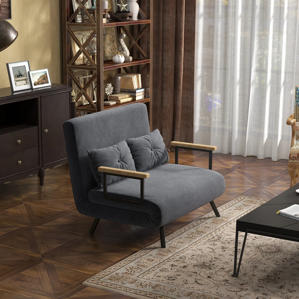 Fotelis Aosom Miegamasis 2 vietų sofa-lova, tamsiai pilka, aksomo išvaizdos audinys, 102 x 73 x 81 cm