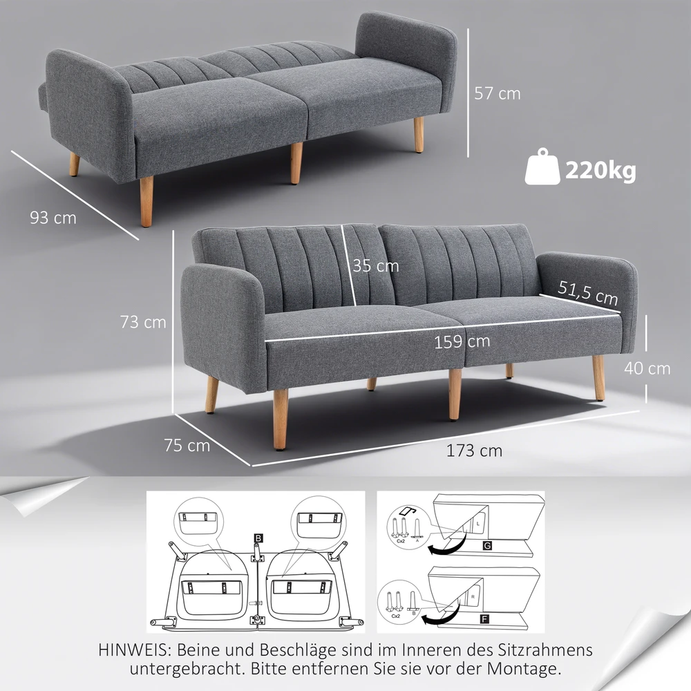 Aosom Miegamasis 2 vietų sofa, pilka, 173 x 75 x 73 cm, poliesteris