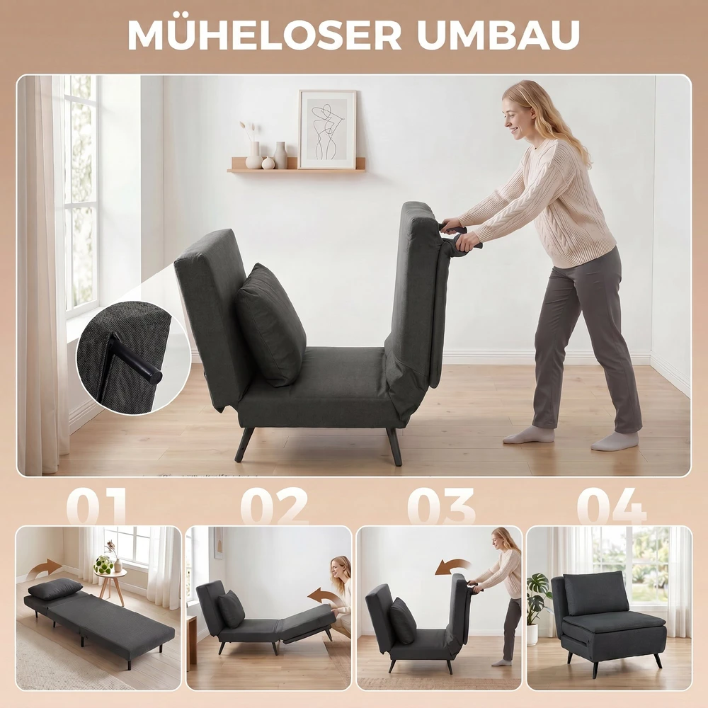 Fotelis Aosom Miegamasis krėslas 3-in-1, sulankstomas lininio efekto, tamsiai pilkas, 120 kg