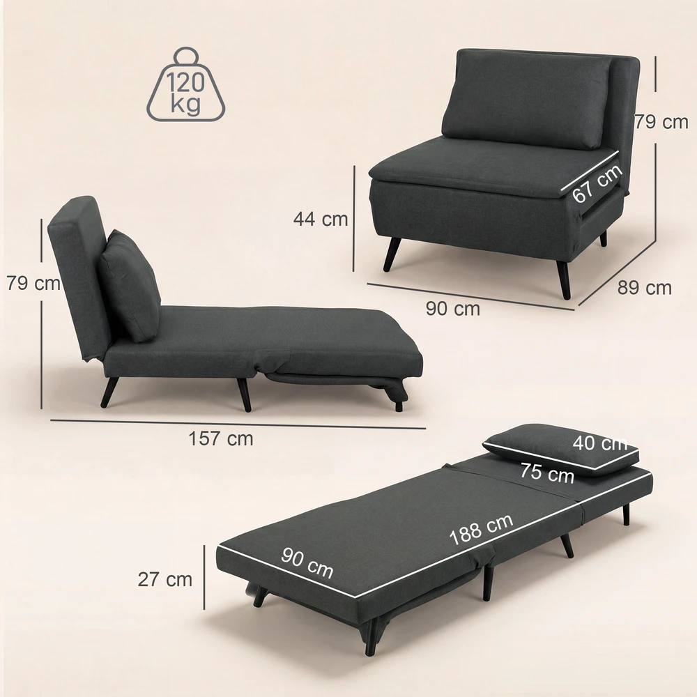 Fotelis Aosom Miegamasis krėslas 3-in-1, sulankstomas lininio efekto, tamsiai pilkas, 120 kg