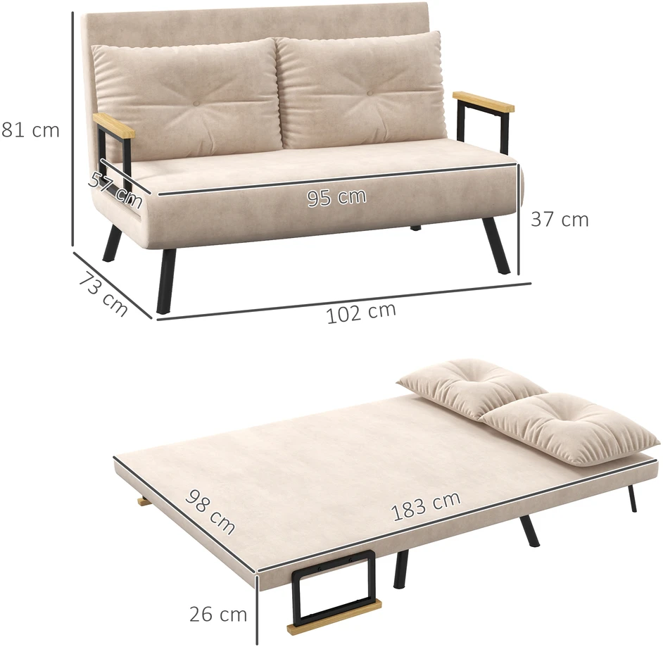 Fotelis Aosom Miegamasis sofa, 2 vietų sofa, aksomo išvaizda, smėlinė, 120 kg