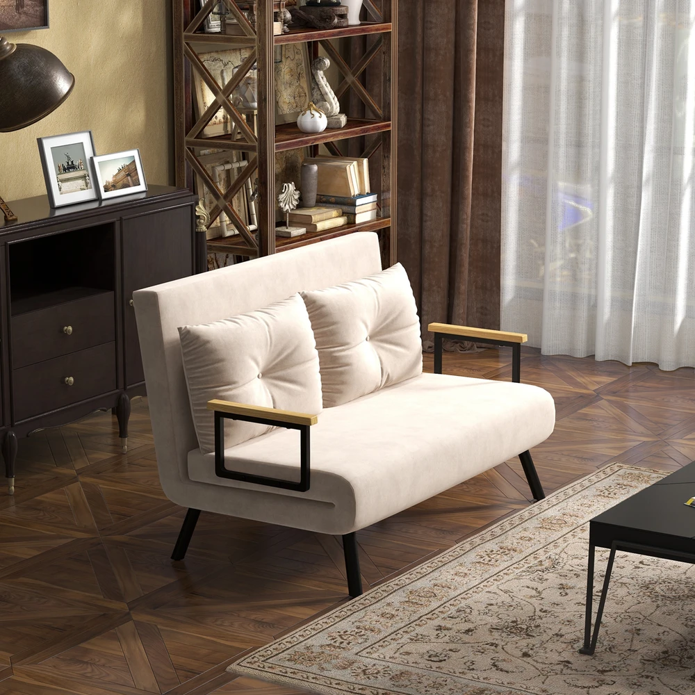 Fotelis Aosom Miegamasis sofa, 2 vietų sofa, aksomo išvaizda, smėlinė, 120 kg