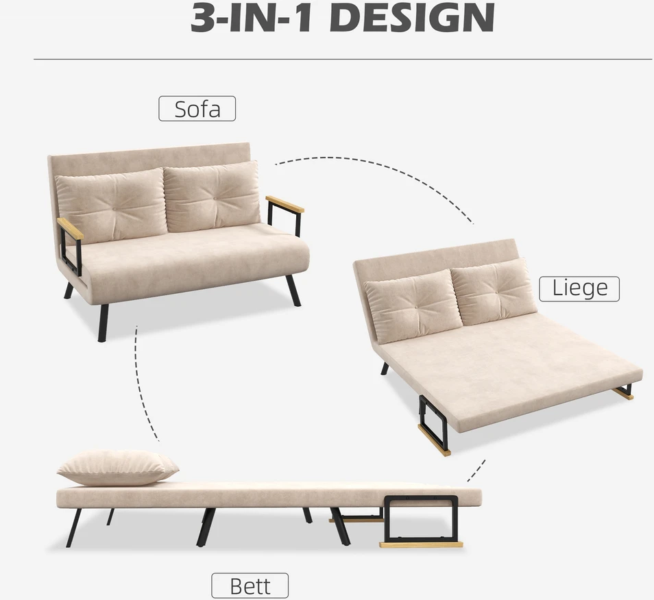 Fotelis Aosom Miegamasis sofa, 2 vietų sofa, aksomo išvaizda, smėlinė, 120 kg