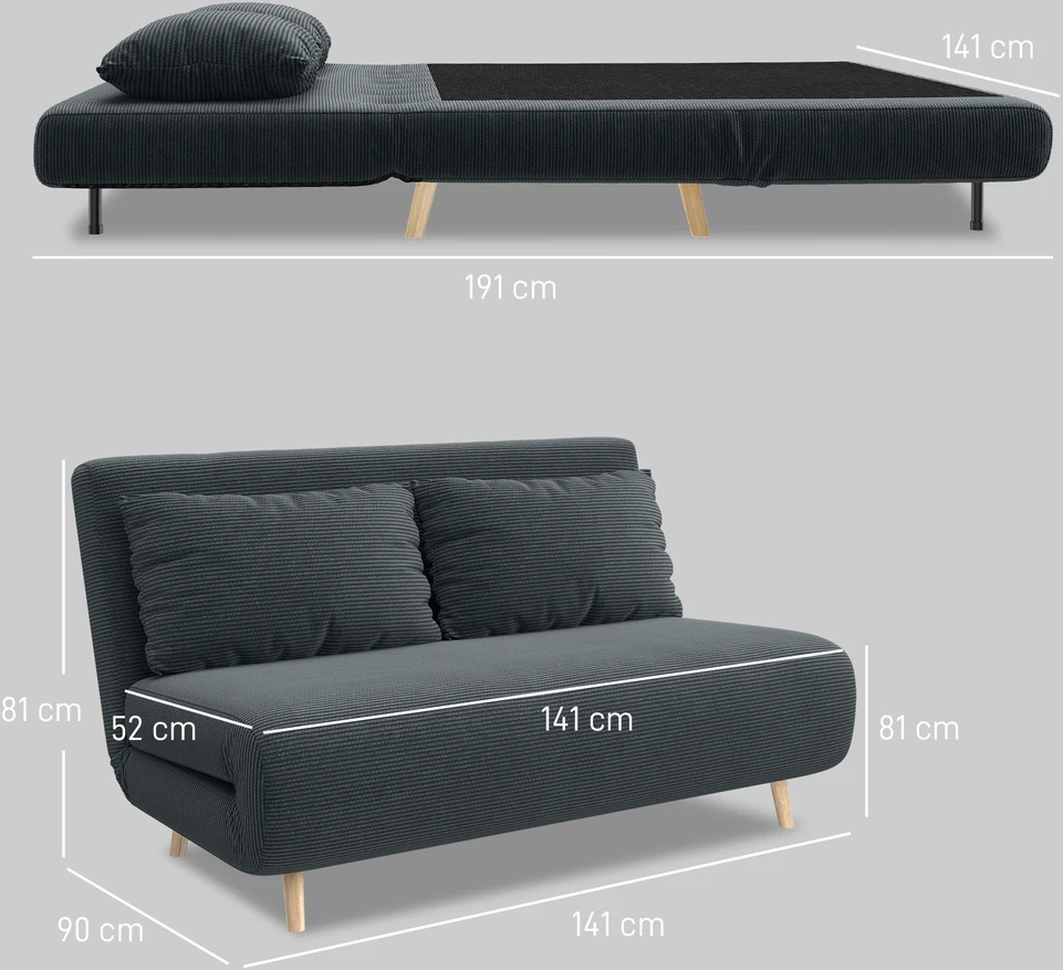 Aosom Miegamasis sofa, svečių lova, 3 padėčių reguliuojama atlošo dalis, kordoninis audinys, iki 120 kg, 141 x 90 x 81 cm, tamsiai pilka
