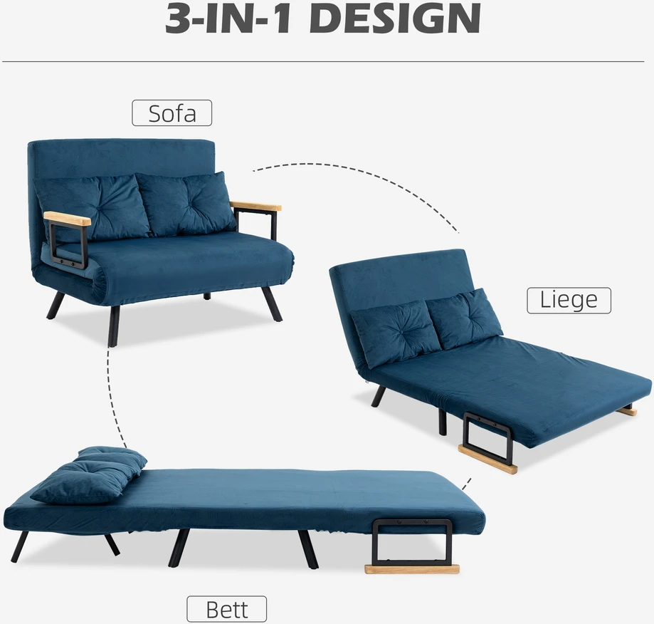 Fotelis Aosom Miegamoji sofa, 2 vietų sofa, aksomo išvaizda, mėlyna, 2 pagalvės