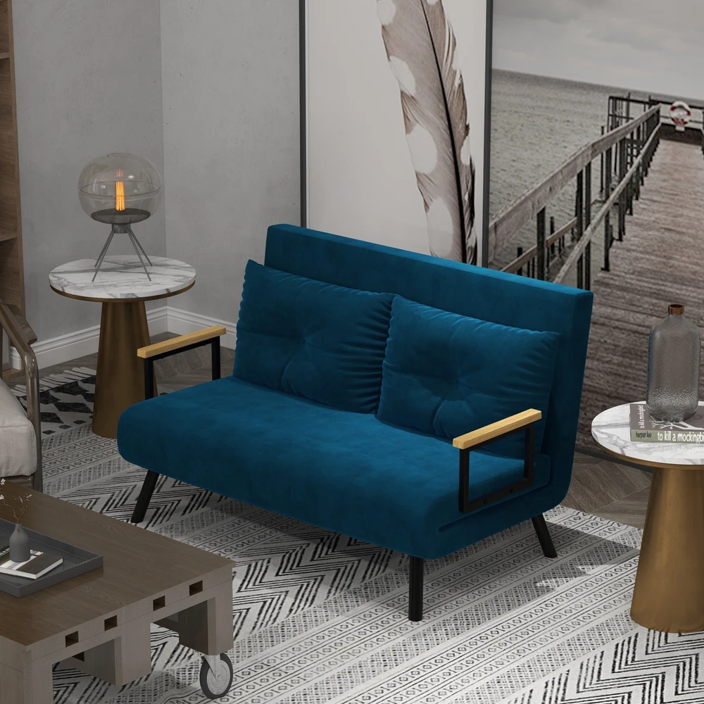 Fotelis Aosom Miegamoji sofa, 2 vietų sofa, aksomo išvaizda, mėlyna, 2 pagalvės