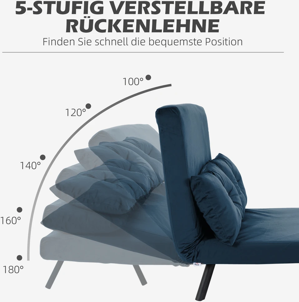 Fotelis Aosom Miegamoji sofa, 2 vietų sofa, aksomo išvaizda, mėlyna, 2 pagalvės
