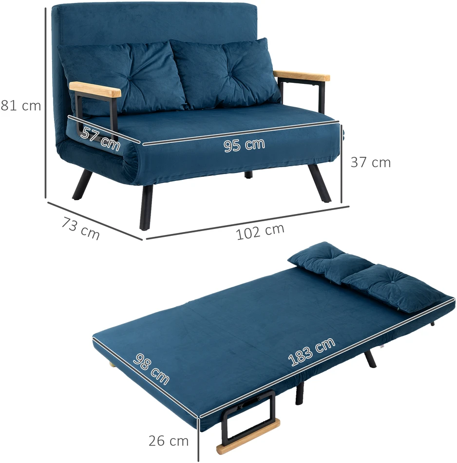 Fotelis Aosom Miegamoji sofa, 2 vietų sofa, aksomo išvaizda, mėlyna, 2 pagalvės