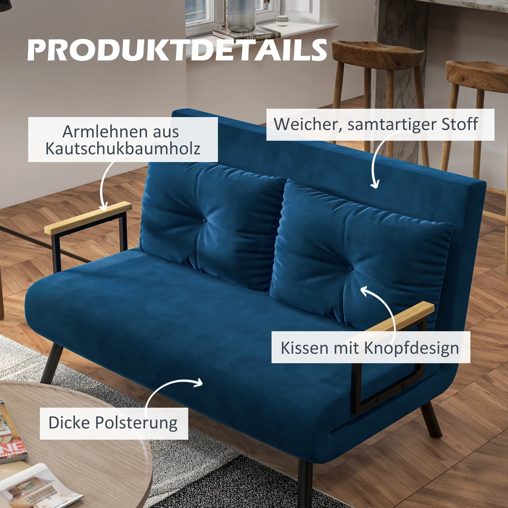Fotelis Aosom Miegamoji sofa, 2 vietų sofa, aksomo išvaizda, mėlyna, 2 pagalvės
