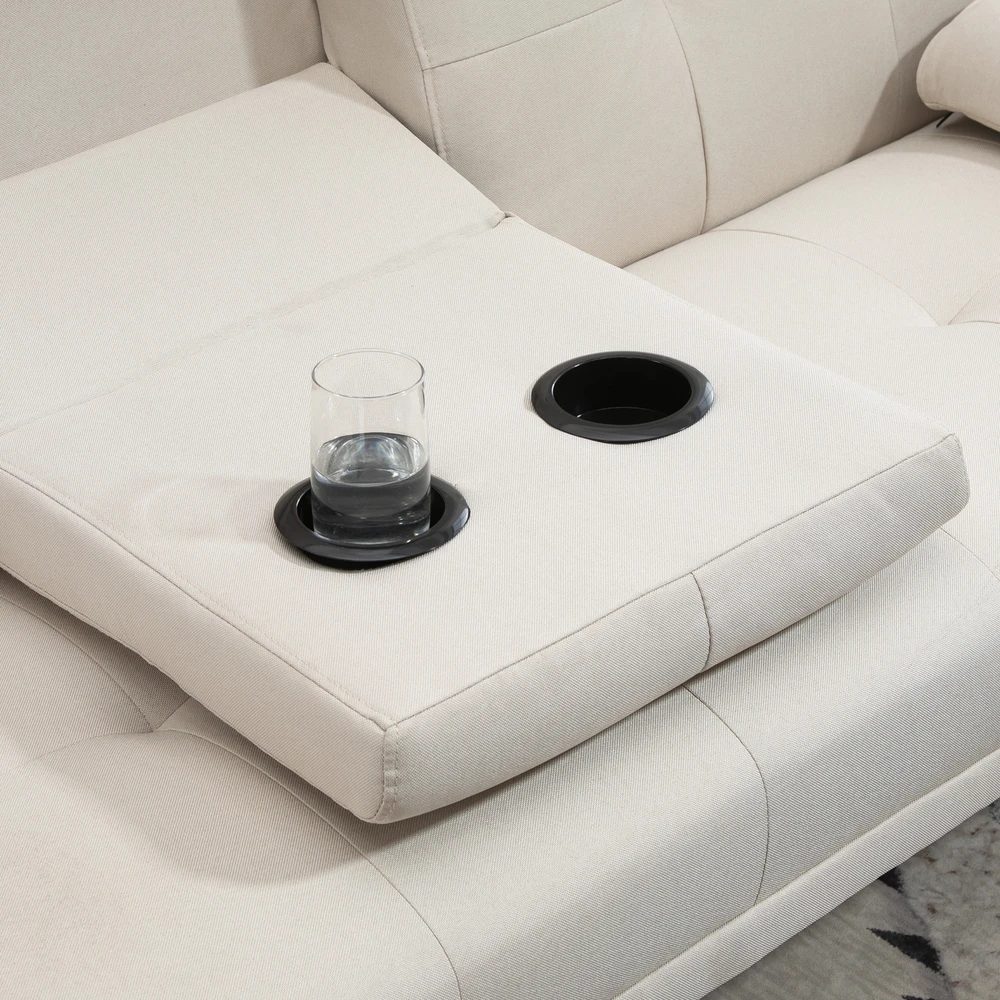 Aosom Miegamoji sofa 3 vietų, atlošas su 3 padėtimis, atlenkiamu staliuku, smėlio spalvos, 181 x 77 x 78 cm