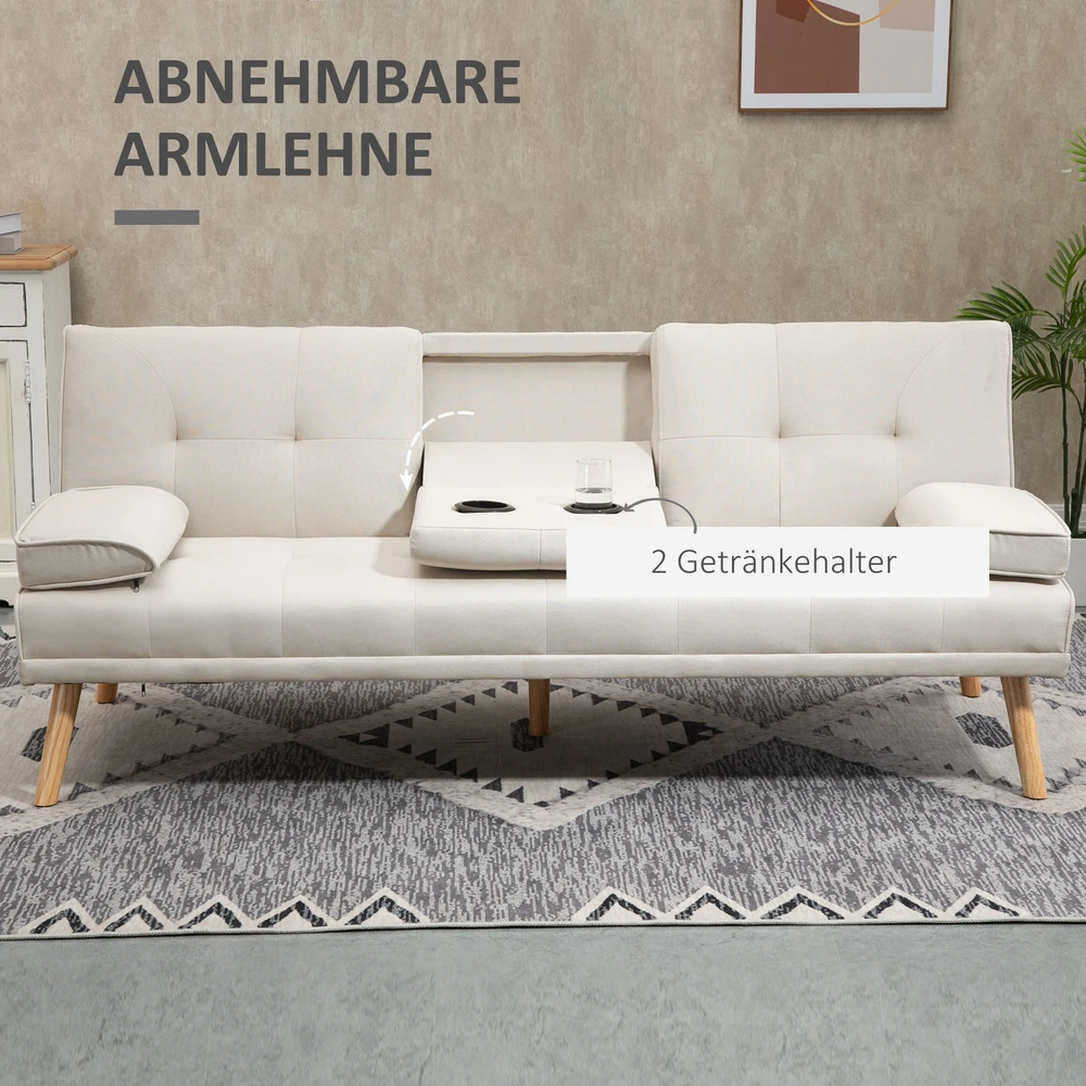 Aosom Miegamoji sofa 3 vietų, atlošas su 3 padėtimis, atlenkiamu staliuku, smėlio spalvos, 181 x 77 x 78 cm