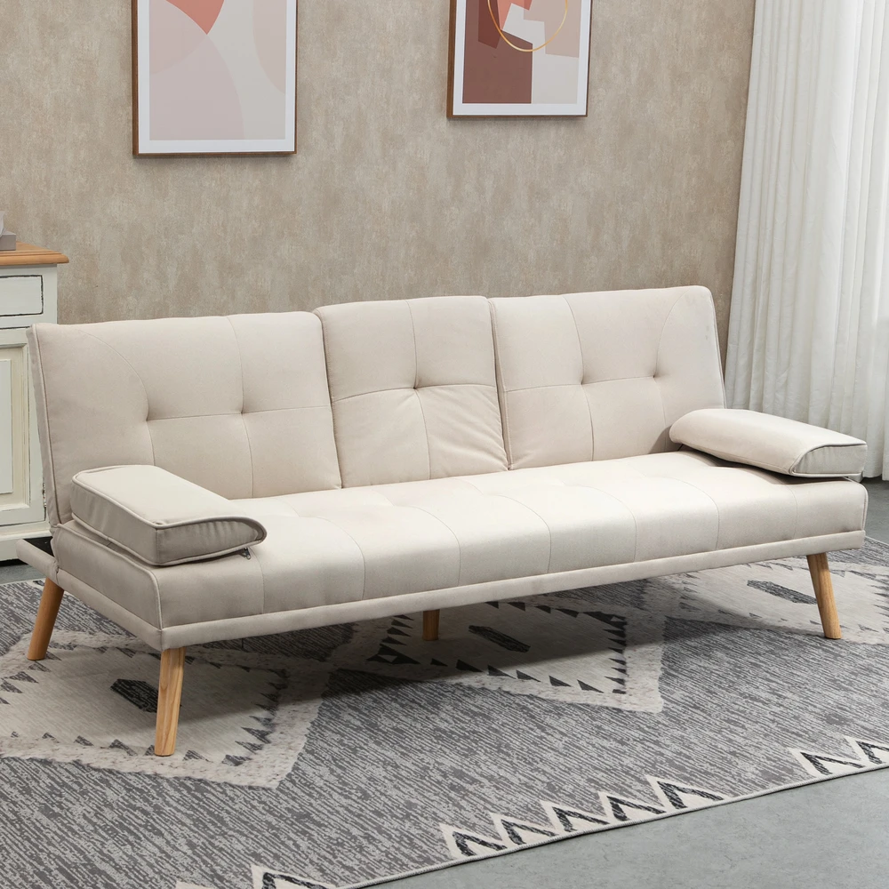 Aosom Miegamoji sofa 3 vietų, atlošas su 3 padėtimis, atlenkiamu staliuku, smėlio spalvos, 181 x 77 x 78 cm