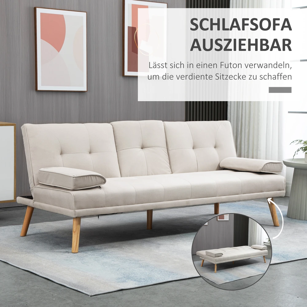 Aosom Miegamoji sofa 3 vietų, atlošas su 3 padėtimis, atlenkiamu staliuku, smėlio spalvos, 181 x 77 x 78 cm