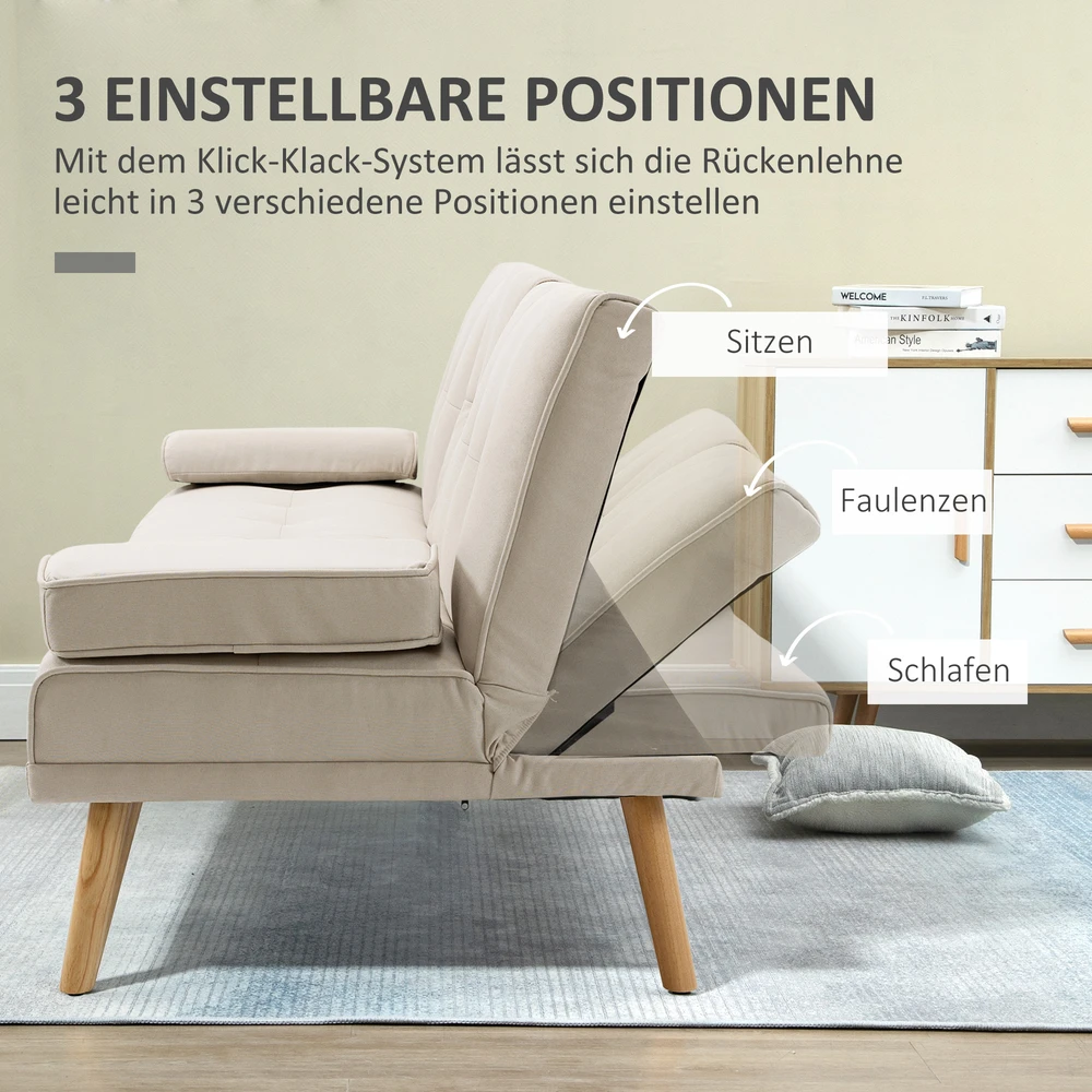 Aosom Miegamoji sofa 3 vietų, atlošas su 3 padėtimis, atlenkiamu staliuku, smėlio spalvos, 181 x 77 x 78 cm