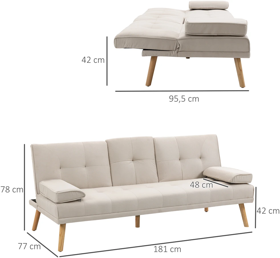 Aosom Miegamoji sofa 3 vietų, atlošas su 3 padėtimis, atlenkiamu staliuku, smėlio spalvos, 181 x 77 x 78 cm
